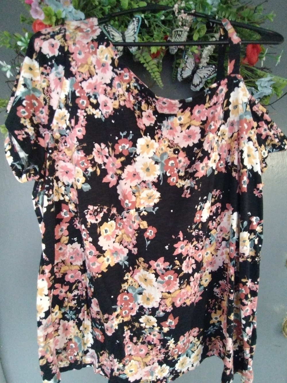 Maurices Black Floral Cold-Shoulder Tunic with Pink, Cream & Yellow Flowers